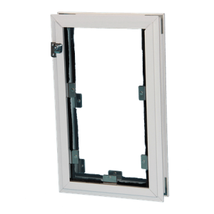 A Door Model of a Hale Pet Door in black and white.
