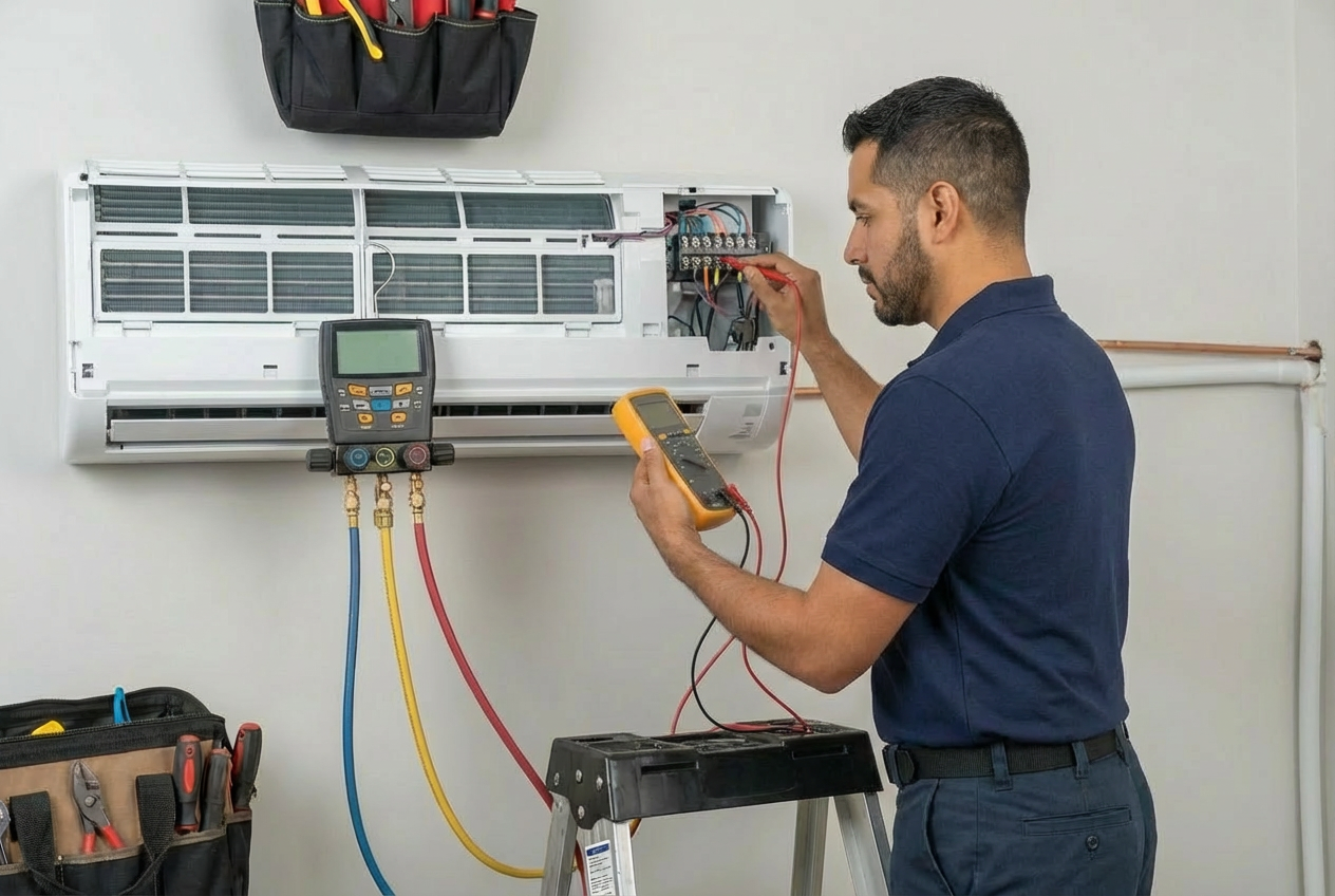 Tech testing a ductless mini split ac on the wall