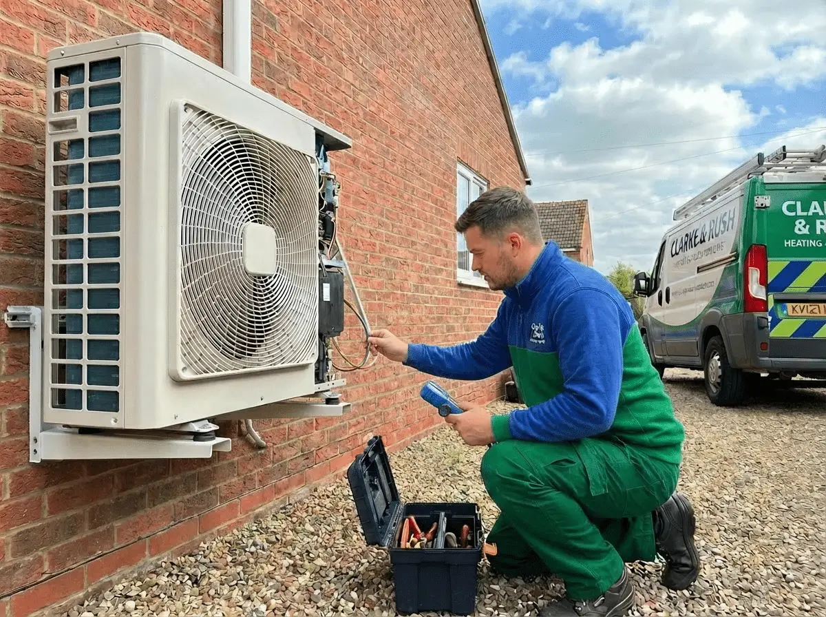 Air Conditioner mini split system next to home with brick wall